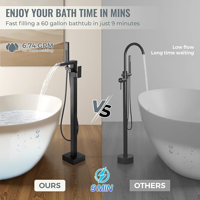 Freestanding Tub Faucet Matte Black: ALEASHA High Flow Max 6.74 GPM Free Standing Tub Filler - Brass Modern Floor Mount Bathtub Faucet with Handheld Shower, for the Ultimate Elegant SPA Experience