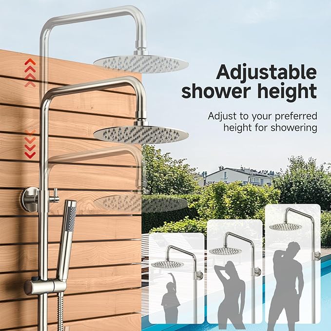 Rainsworth Outdoor Shower Kit Brushed Nickel - Single Handle Brass Valve, 8 Inch Rain Shower Head and Handheld Spray Shower Fixture Combo, 304 Stainless Steel Wall Mount