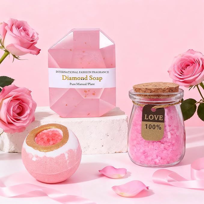 Christmas Spa Gift Basket with Bath Essentials- Pink Rose Relaxation Kit Set, Birthday Spa Items Box for Women, Wife, Mom, Sister, Mom, Her, Friends
