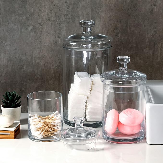 MyGift Glass Apothecary Jar Set with Clear Lid - Decorative Kitchen and Bath Storage Canisters, Wedding Centerpiece Jars, Candy Buffet with Lids