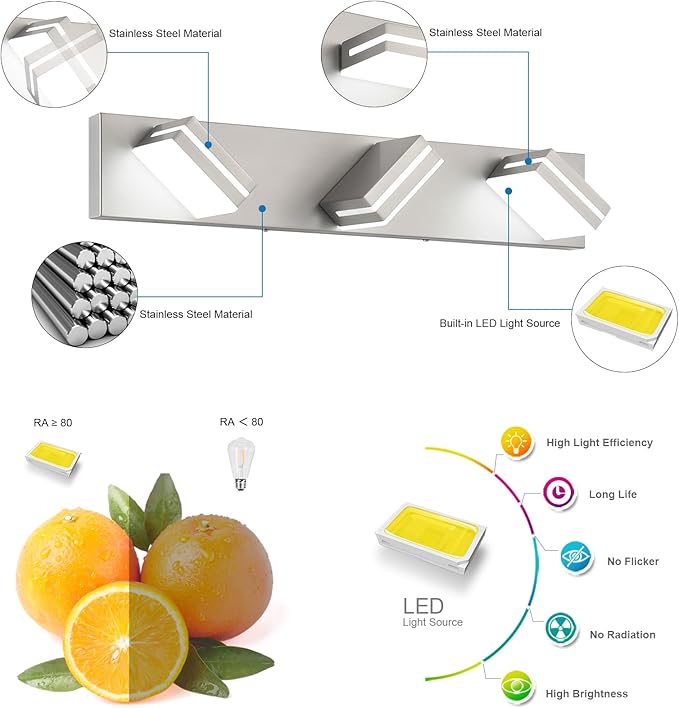 SineRise LED Modern Bathroom Vanity Light Fixtures (3-Light, 24-Inch, Dimmable), Brushed Nickel Modern Acrylic Bathroom Wall Lighting Fixtures Over Mirror (Cool White 6000K)