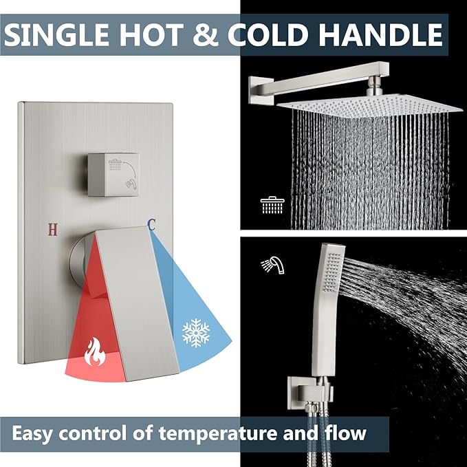 Aolemi Shower Faucet Set Rain Shower System with Handheld Spray Bathroom Shower Combo Rough-in Valve and Shower Trim Kit Included Brushed Nickel 16 Inch Wall Mount Shower Head