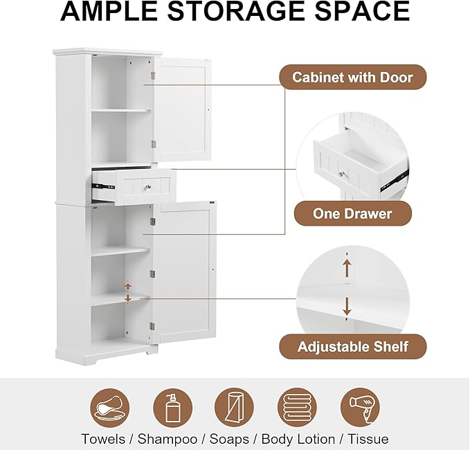 Favfurish 68" Tall Bathroom Storage Cabinet with Doors and Drawer,Modern Linen Cabinets w/Adjustable Shelf and Anti-Toppling Device,Freestanding Organizer for Bath Room,Study,Office,Kitchen White