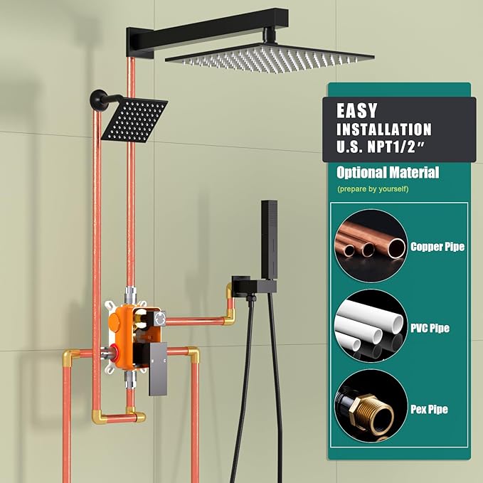 ENGA Shower Faucet Set, Dual Head Shower System 10" & 6" Square Rain Shower Heads with 2 in 1 Handheld Spray, 3 Way Water Diverter, Matte Black
