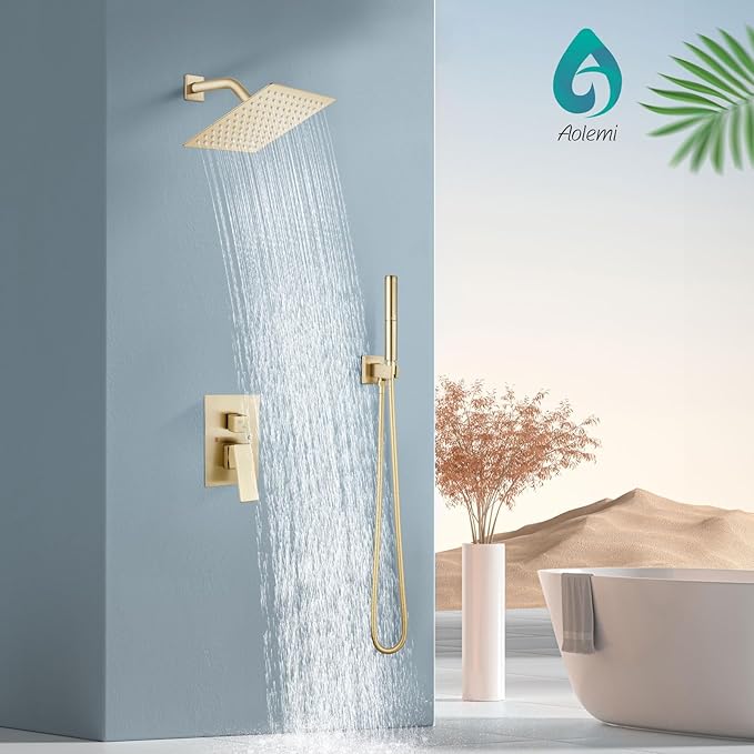 Aolemi Shower Faucet Set, High Pressure Shower System with 2-in-1 Handheld Sprayer, Wall Mount Fixture Combo with Rough-in Valve, 8 Inch Shower Head, Brushed Gold
