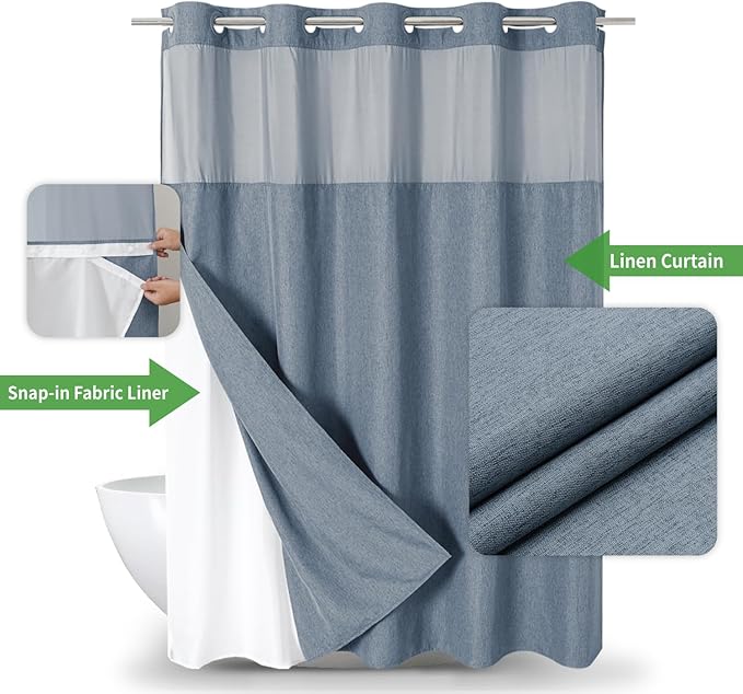 Long No Hooks Needed Linen Textured Shower Curtain with Snap-in Fabric Liner Set,Blue Grey Hotel Luxury Decor Shower Curtains for Bathroom,Waterproof & Washable,71Wx80H