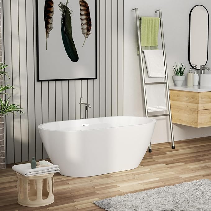 59" Acrylic Freestanding Bathtub - Mocoloo White Oval Shape Soaking Bath Tub with Stainless Drain and Overflow Assembly for Classic Modern Bathrooms