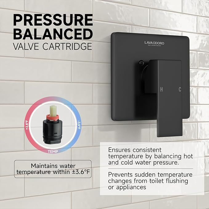 Lava Odoro 12-inch Modern Square Shower Faucet Set Matte Black, Shower Trim Kit with Rough-in Valve High Pressure Black Rainfall Shower Head and Handle Set, (Valve Included), SF106-MB