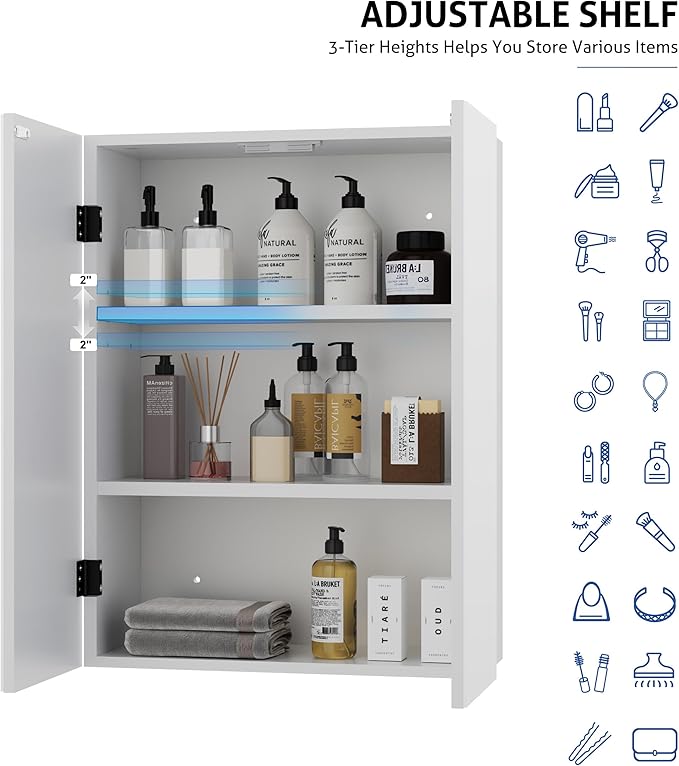 eclife 24" Bathroom Medicine Cabinet W/Mirror, Double Doors Bathroom White Wall Mount Mirror Cabinet, Hanging Triple Shelf Storage Cabinet Opens Left and Right