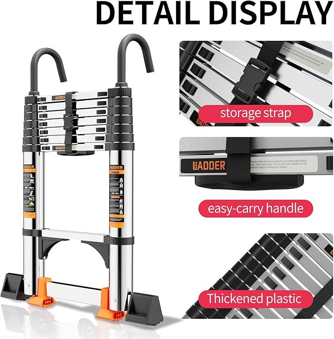 Telescoping Ladder,with Stable Hook and stabilizer barand,8.5FT Extension Ladder, Heavy Duty 330lbs Max Capacity, Multi-Purpose Collapsible Ladder for RV or Outdoor Work (2.6M/8.5FT)