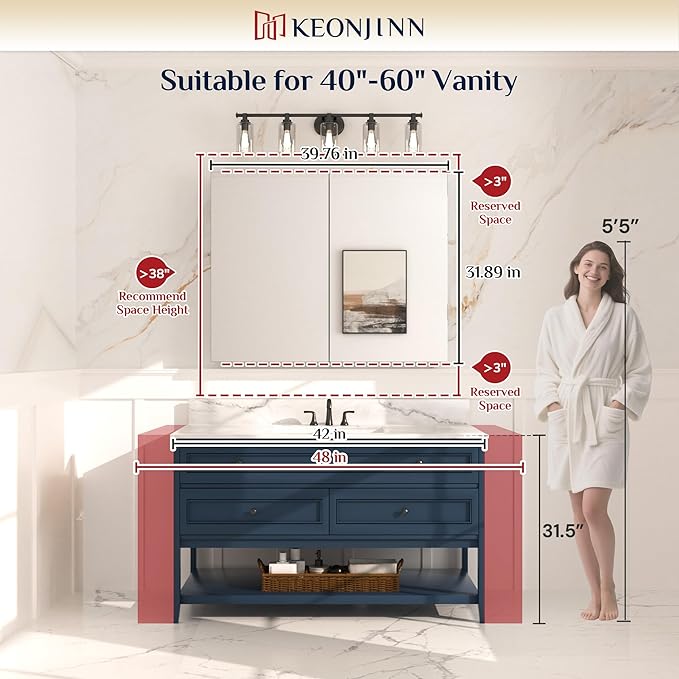 Keonjinn 40 x 32 Inch Large Medicine Cabinet Mirror, Assembly Required, White Bathroom Medicine Cabinets, Aluminum Framework, Adjustable Shelves, Tempered Glass, Soft Closing, Recessed or Wall Mount