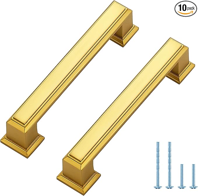 Ravinte Hardware 10 Pack Brushed Brass Cabinet Pulls, 3-3/4 Inch (96mm) Hole Center Zinc Alloy Drawer Handles for Kitchen Cabinets, Cupboards, Dressers, Square Solid Metal Hardware