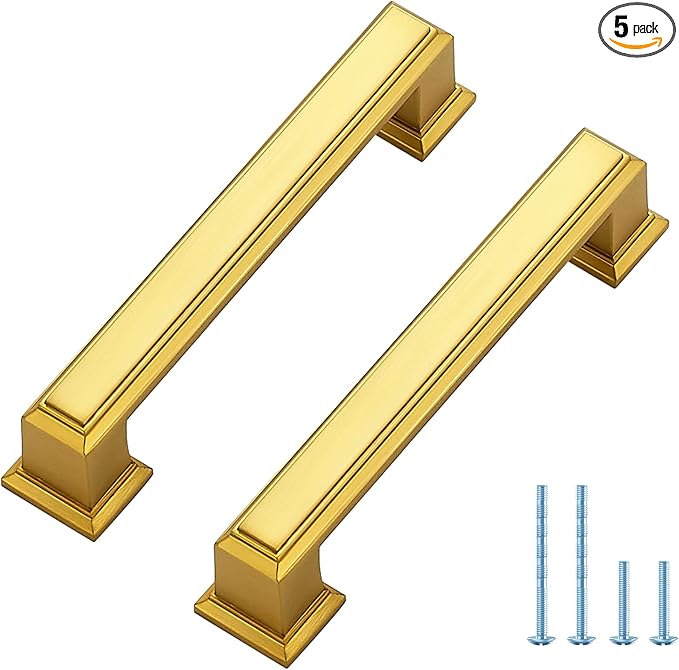 Ravinte Hardware 5 Pack Brushed Brass Cabinet Pulls, 3-3/4 Inch (96mm) Hole Center Zinc Alloy Drawer Handles for Kitchen Cabinets, Cupboards, Dressers, Square Solid Metal Hardware