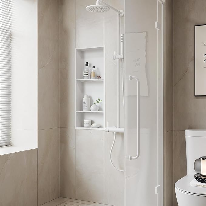 Neodrain 12X30 Inch White Three Layers Stainless Steel Shower Niche, NO Tile Needed Recessed Niche Shelf for Bathroom Storage, 3-Tier Recessed Built-in Wall Niche