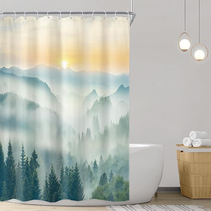 Riyidecor Small Stall Mountain Shower Curtain 54Wx78H Inch Rv Narrow Extra Long Green Sunset Sunrise Scenery Landscape Woodland Bathroom Decor Fabric Polyester Waterproof 12 Pack Hooks