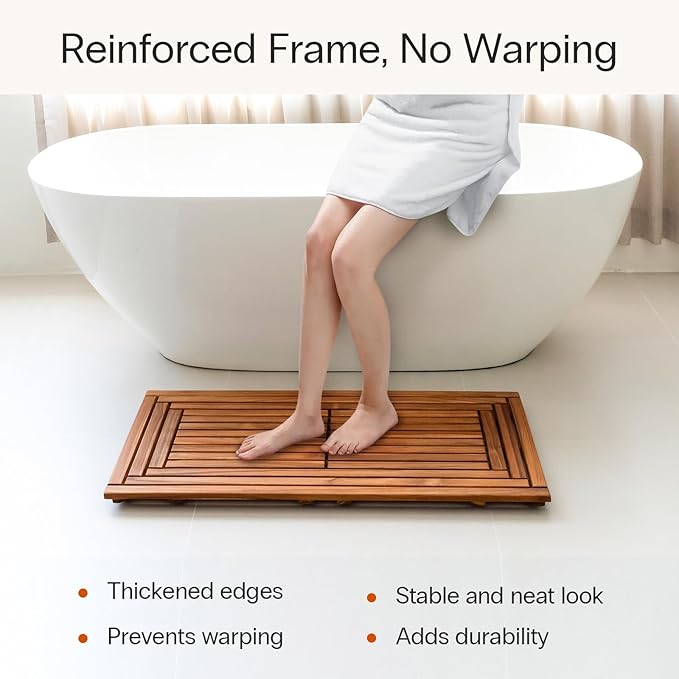 StrongTek Large Teak Bath Mat, 35.4" x 20" Solid Wood Shower Mat with Slatted Design, Pre-Oiled & Water-Resistant, Non-Slip Mat for Bathroom, Spa, and Outdoor Use