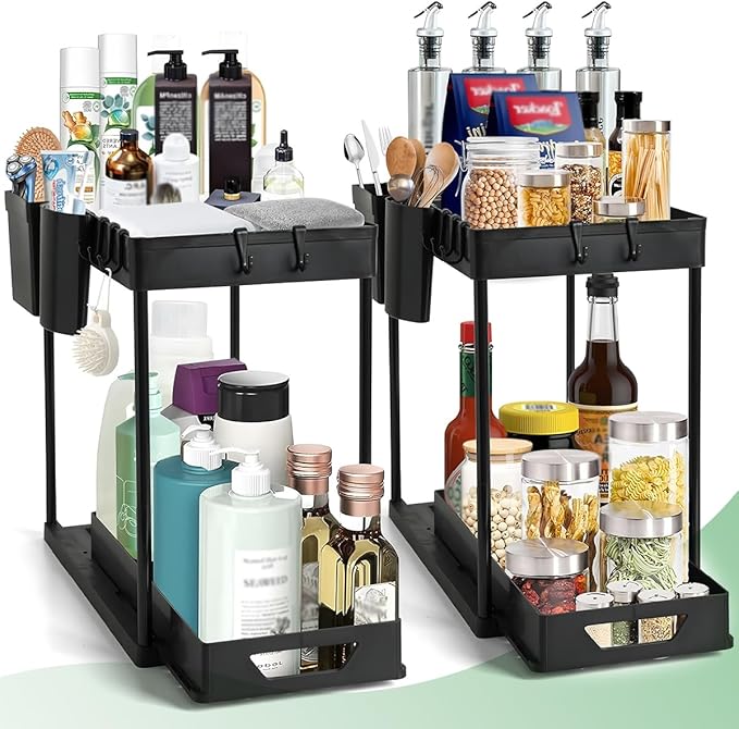 Compact 2-tier under-sink organizer with sliding drawer, 2 trays, and 5 hooks. Sturdy PP and iron design for kitchen, bathroom, or laundry room storage.