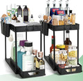 Compact 2-tier under-sink organizer with sliding drawer, 2 trays, and 5 hooks. Sturdy PP and iron design for kitchen, bathroom, or laundry room storage.