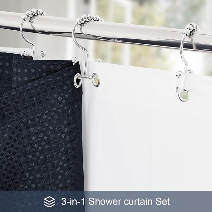 3 in 1 Shower Curtain Set, Navy Blue Waffle Shower Curtain and PEVA Liner Set with 12 Stainless Steel Shower Curtain Hooks, Waterproof Fabric Shower Curtains for Bathroom, 72 W x 72 H