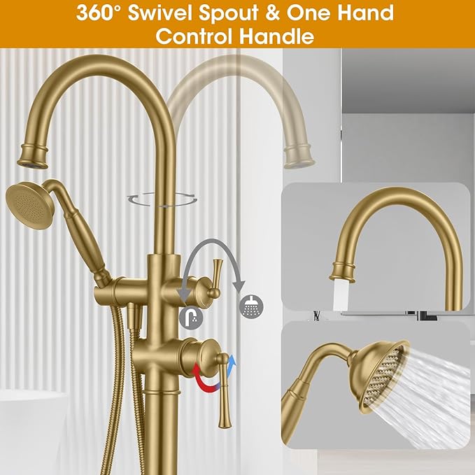 Freestanding Bathtub Faucet, Floor Mount Tub Faucet Brushed Gold High Flow Tub Filler, Roman Tub Faucet with Antique Handheld, Swivel Gooseneck Spout Shower Mixer Taps (B2311-BG)