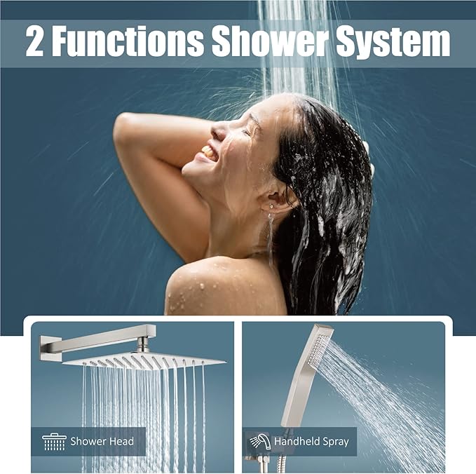 Aolemi Shower Faucet Set Rain Shower System with Handheld Spray Bathroom Shower Combo Rough-in Valve and Shower Trim Kit Included Brushed Nickel 12 Inch Wall Mount Shower Head