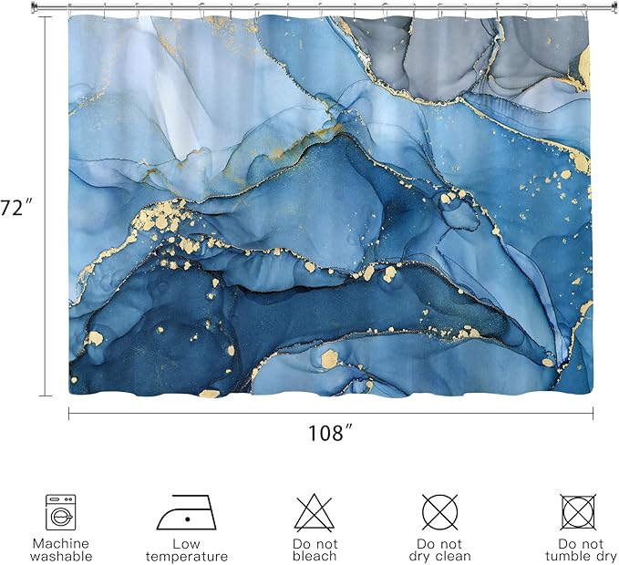 Extra Wide Marble Shower Curtain 108 x 72, Blue Abstract Shower Curtains for Claw Foot Tub, Modern Luxury 108 inch Long Shower Curtain Set with 18 Pack Plastic C-Hooks