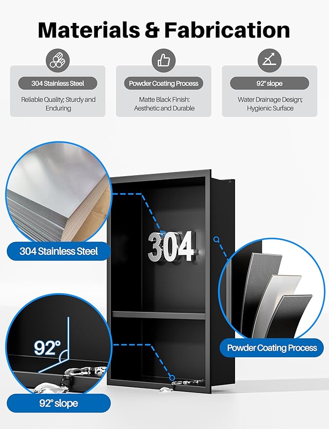 Black LED Shower Niche Stainless Steel 304 for Bathroom Storage Lighting,No Tile Need Recessed Wall Double-Shelves for Waterproof Lighting and Storage，Matte Black, 18" * 12"
