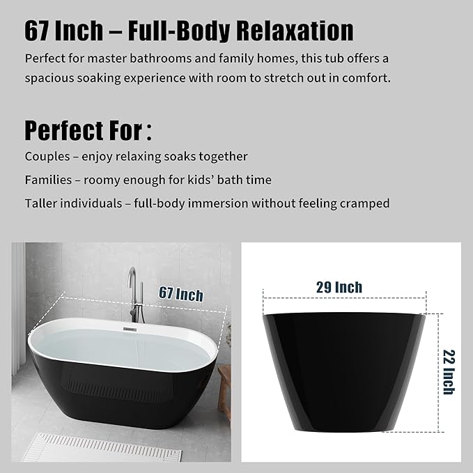 Freestanding Bathtub 67 inch Extra Large Acrylic Soaking Bathtub, Free Standing Bathtub with Integrated Overflow & Extendable Drain, Stand Alone Tub for Elegant Bathroom Design