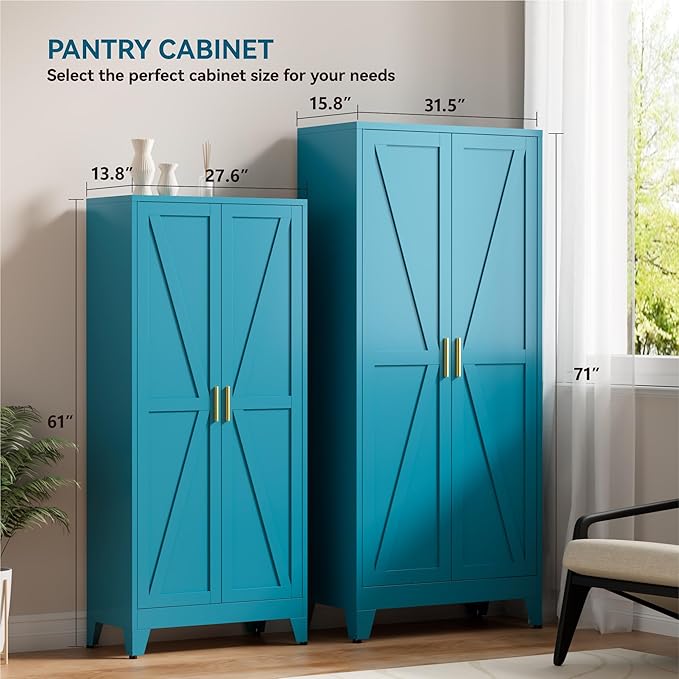Metal Cabinets with Barn Doors and Adjustable Shelves,61" Tall Storage Cabinet,4-Tier Storage Cupboard for Kitchen,Dining Room,Garage,Bathroom,Blue