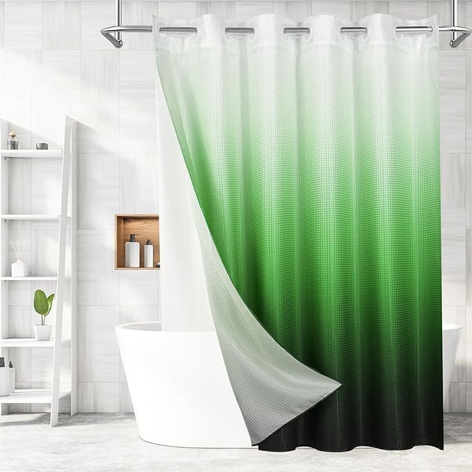 MitoVilla Emerald Green Ombre Long Shower Curtain Liner Set 72 x 80, No Hooks Needed 80 inch Long Heavyweight Waffle Fabric Shower Curtain Set with Snap-in Liner for Hotel Bathroom Decor