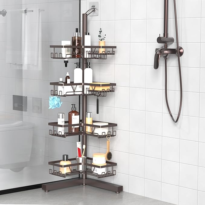 KEGII Floor Corner Shower Caddy Standing, Rustproof 4-Tier Shower Shelf Organizer with Hooks & Soap Holder, Free-Standing Bathroom Storage Rack for Shampoo & Toiletries, Bronze
