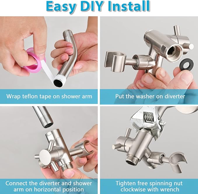 PDPBath Solid Brass 3 Way Shower Arm Diverter Valve with Handheld Holder for Dual Shower Heads with G1/2 Universal Connection - Brushed Nickel