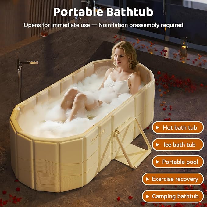 Portable Foldable Bathtub, Freestanding Bathtub No Installation, Bathroom SPA Soaking Bath Tub, Shower Stall Collapsible Hot & Ice Bath for Indoor Outdoor (Beige, 59"L x 21.6"W x 19.6"H)