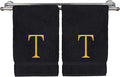 Monogrammed Hand Towel, Personalized Initial Gift, Extra Absorbent 100% Turkish Cotton - Soft Terry Finish - Set of 2 - Gold Block Initial T - Embroidered on Black Towels
