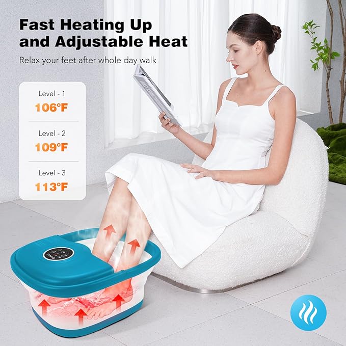 KNQZE Collapsible Foot Spa with Heat, Remote Control, Temperature Control, Bubbles, Pumice Stone, Red Light, Timer, 16 Massage Roller Pedicure Foot Bath Tub Foot Soaker for Relaxation & Stress Relief