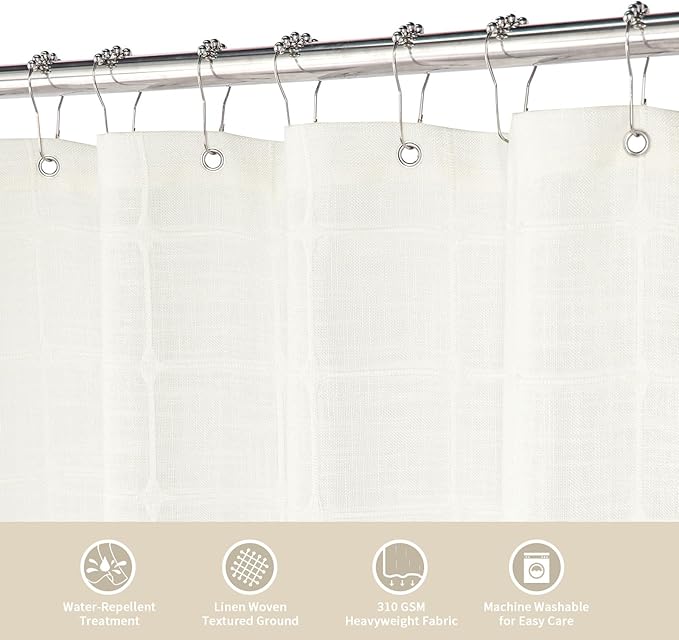 MitoVilla Ivory White Boho Farmhouse Shower Curtain Set 72 x 78, 78 inch Long Polyester Linen Tassel Fabric Shower Curtain Set for Chic Cottagecore French Rustic Bathroom Decor, Cream White