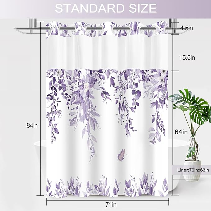 No Hook Shower Curtain and Liner Set, Light Purple Eucalyptus Floral Shower Curtains for Bathroom, Bath Curtain Sets with Snap in Liner, Waterproof with See Through Top Window, 71x84 Inches