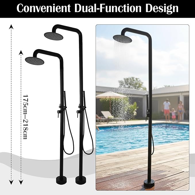 Freestanding Outdoor Shower – Height Adjustable Matte Black Outdoor Shower Fixtures with 10”Rain Shower Head & Handheld for Backyard,Garden,Pool,Beach – Rust-Resistant Stainless Steel Outside Shower