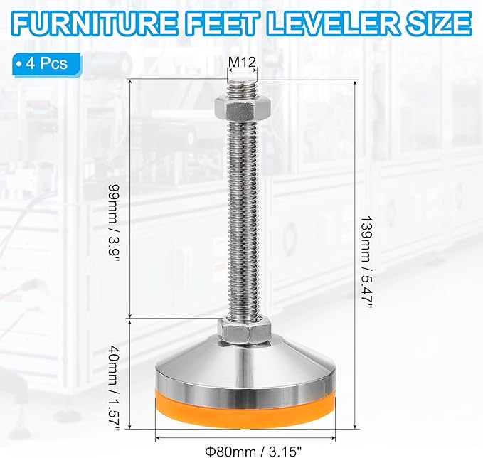 PATIKIL Furniture Leveling Feet 3.2" Dia Base M12 Thread, 4 Pcs Carbon Steel Adjustable Threaded Furniture Levelers Screw on Leg Leveler with Pads for Desk Chair Cabinet, Orange