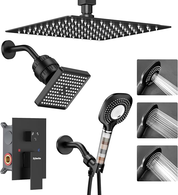 Shower Faucet Set, Ceiling Mount Shower System 12-inch & 6-inch Filtered Black Shower Head and Handle Set, Dual Shower Heads with 3 in 1 Handheld Spray and Valve & Trim Kit
