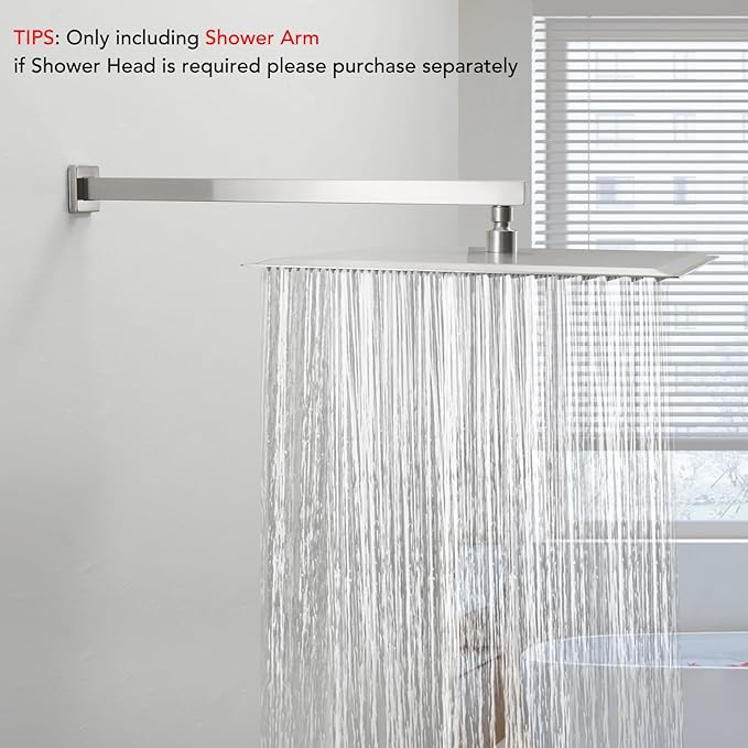 BESy 20 Inches Straight Extended Shower Arm With Flange, Rain Shower Head Extension Arms, Square Shower Rod Shower Head Extender Arm Shower Pipe Extension, Wall-Mounted Brushed Nickel Stainless Steel