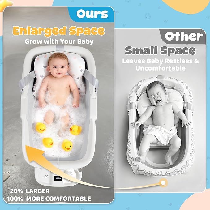 Orzbow Collapsible Baby Bathtub, Large Baby Bath Tub for Newborn with Soft Cushion & Thermometer, Travel Portable Baby Tubs for Infants to Toddler 0-36 Months, Gray