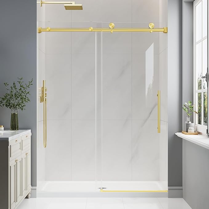 Frameless Glass Shower Door, 43-48" W x 76" H Sliding Frameless Shower Door, 1/4''(6mm) SGCC Tempered Glass, Explosion-Proof Film Nano Coating, Stainless Steel Hardware, Brushed Gold