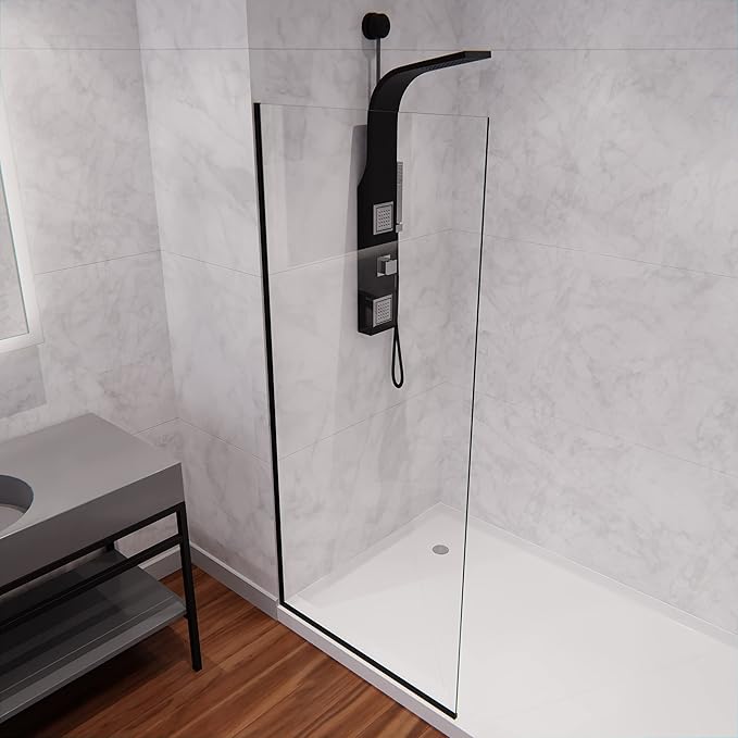 ANZZI 74 X 34 Inch Frameless Fixed Glass Shower Screen Shower Door in Matte Black | Screen Water Repellent Clear Tempered Glass Single Panel for Shower Room | Glass Screen Frame Hardware Complete Kit
