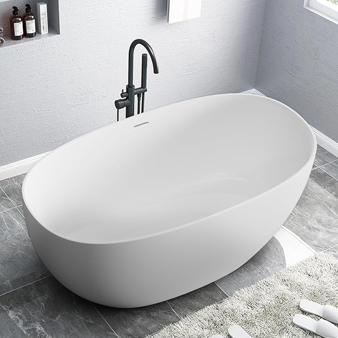 Stone Resin Freestanding Bathtubs,Soklawah 67" Solid Surface Luxury Soaking Tub,Oval Stand Alone Bathroom Bath tub with Drain & Integrated Slotted Overflow,Matte White Elegant Soaker Free Standing Tub