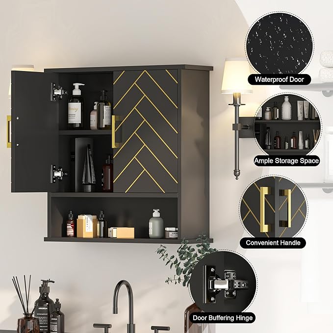 Black Chevron Pattern Bathroom Wall Cabinet, Modern Hanging Medicine Cabinet with Gold Hardware, Space-Saving Over Toilet Storage Organizer (23 5/8" x 22 7/8" x 15 3/4")