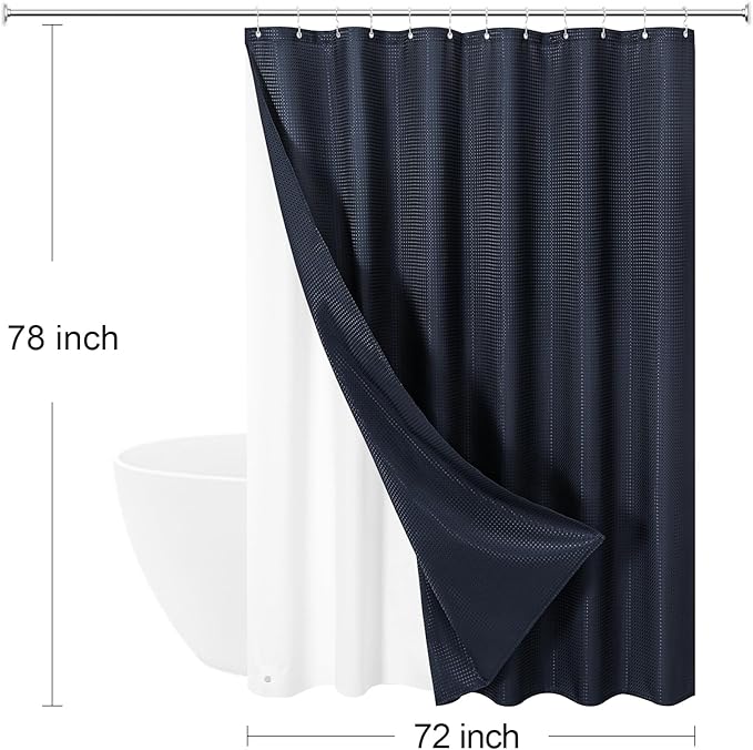 3 in 1 Long Navy Blue Shower Curtain Set-72 W x 78 H, Modern Waffle and PEVA Liner Set with 12 Stainless Steel Hooks, Waterproof Fabric for Bathroom