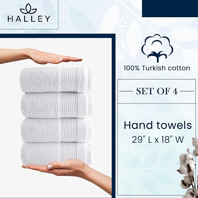HALLEY Turkish Cotton Towels (Pack of 4) Hand Towels Super Soft Highly Absorbent 100% Cotton Towels for Bathroom and Kitchen for Mother’s Day (White)