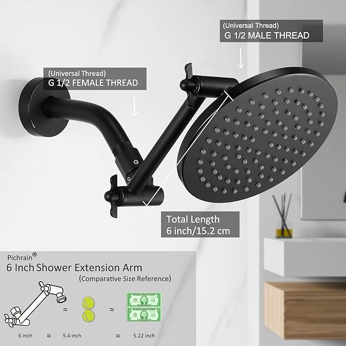 6 Inch Adjustable Shower Head Extension Arm, All-Metal Shower Arm Extender with Locking Set Screw for Rainfall, Fixed, Handheld Showerheads, G1/2 Universal Thread, Easy Installation, Matte Black