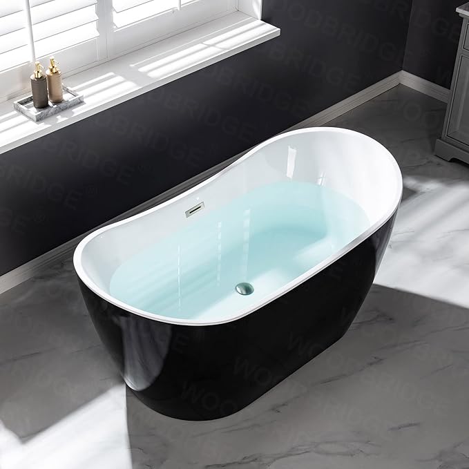 WOODBRIDGE 59" Acrylic Freestanding Bathtub Contemporary Soaking Tub, Black Acrylic(Brushed Nickel Drain/Overflow),BTA1816-BN